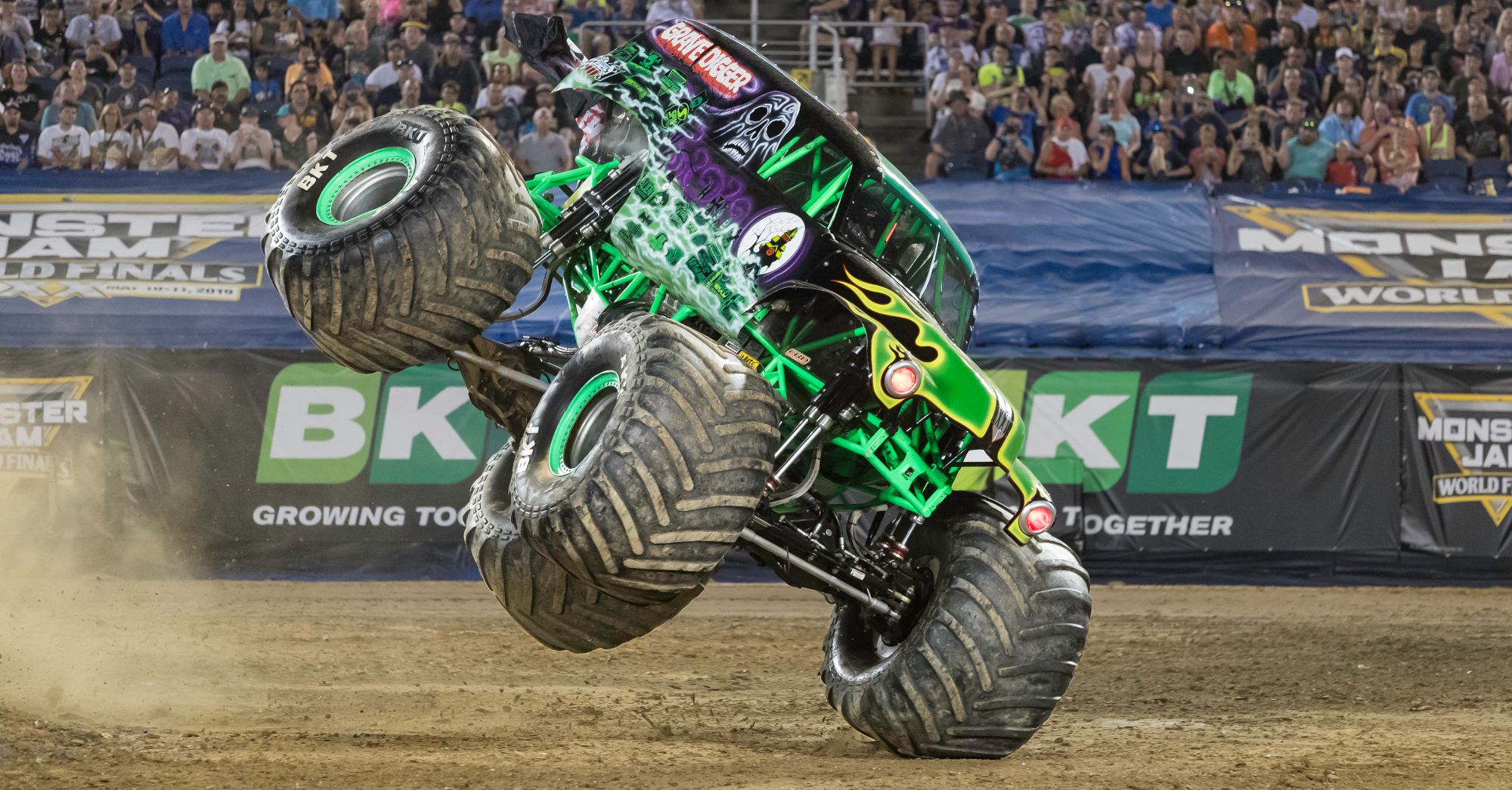 Grave Digger with BKT sponsors in the background