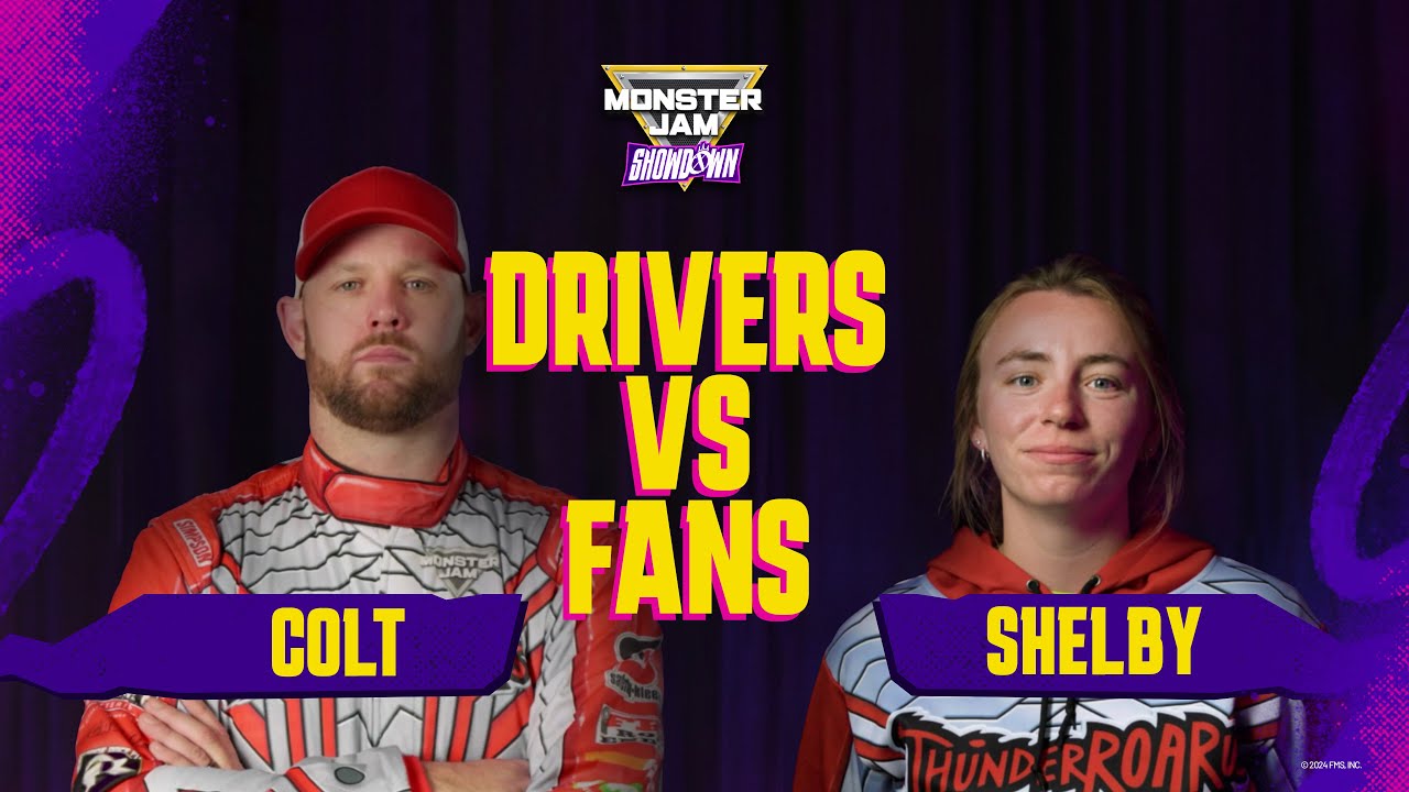 Graphic with Colt Stephens and Shelby Fisher and caption: Driver vs. Fans