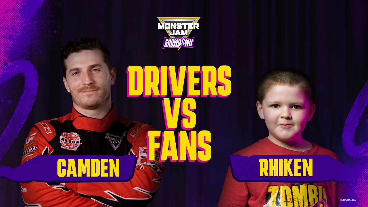 Graphic with images of Camden Murphy and Rhiken with the caption: Monster Jam Showdown - Drivers vs. Fans
