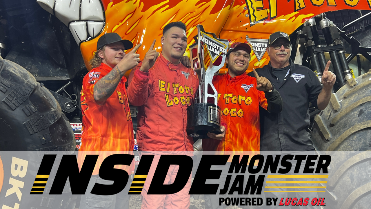 Armando Castro and the El Toro Loco team celebrate their championship in front of the El Toro Loco Monster Jam truck with the 'Inside Monster Jam' logo