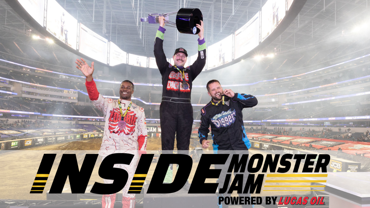 Tyler Menninga celebrates his Freestyle win on the podium with Inside Monster Jam logo