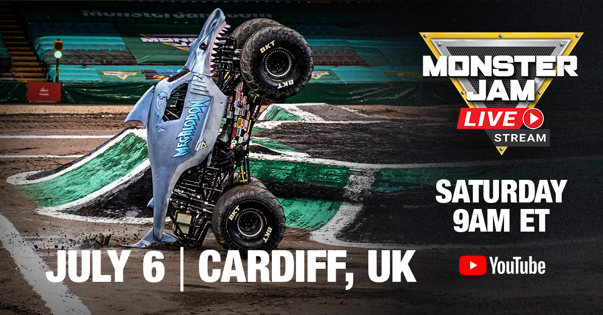 Photo of Megalodon with caption - Monster Jam live stream - Saturday 9 a.m. ET - July 6 - Cardiff, UK - YouTube